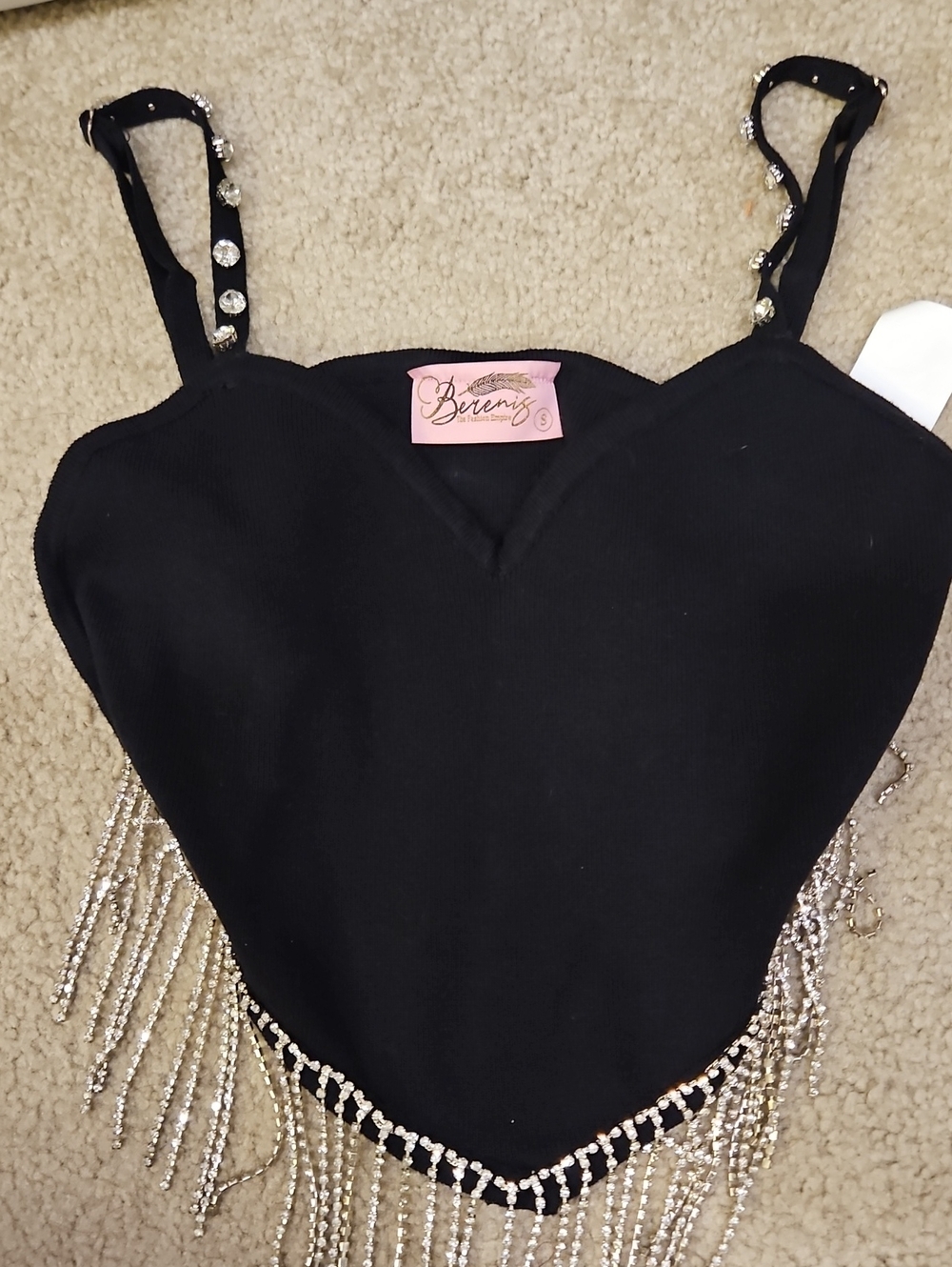 Berenis Black Rhinestone Fringe Bustier Top